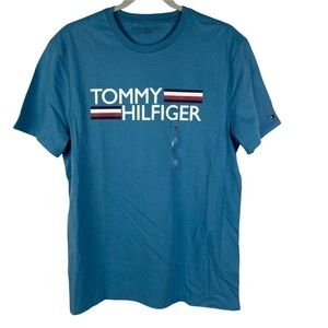 Tommy Hilfiger Fall '21 Graphic Stripe T-Shirt Men's Medium Blue Sleeve Flag NEW